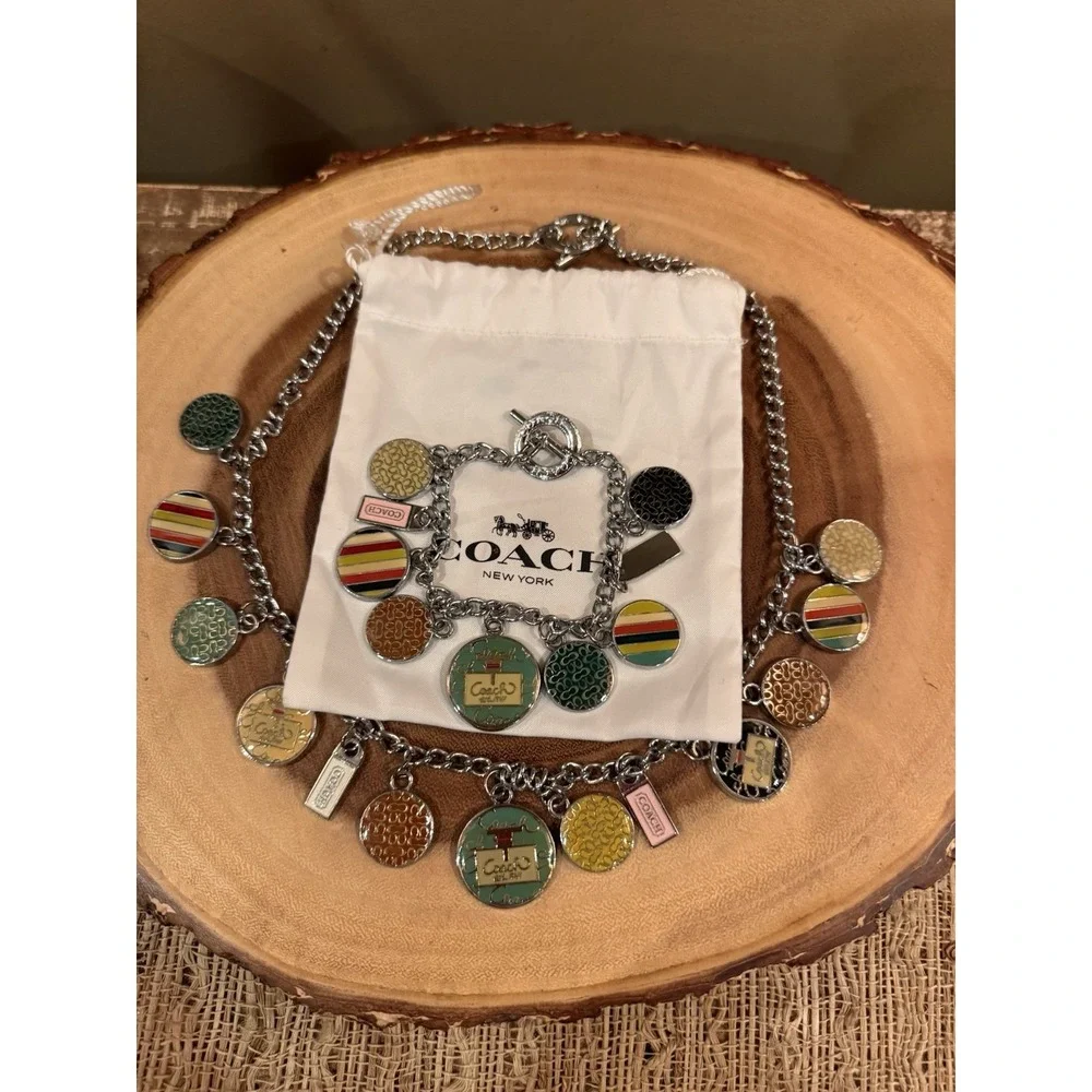 Vintage Y2K Coach Legacy stripe charm bracelet and matching necklace Enamel Rare